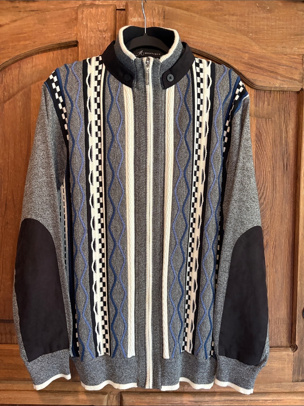 Men’s Patterned Zip-Up Sweater Jacket — Gray with Blue & Cream Stripes